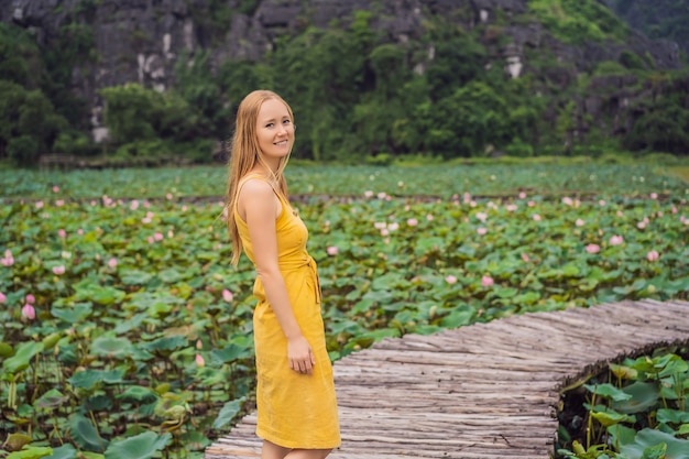 Young woman in a yellow dress on the path among the lotus lake mua cave ninh binh vietnam vietnam