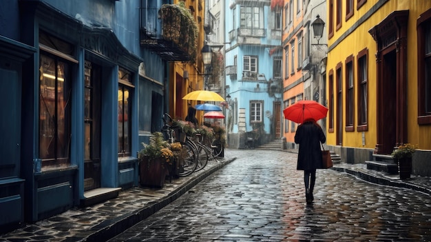 Foto giovane donna in abito giallo con ombrello blu che cammina tranquillamente per la strada pioggia primaverile una strada di mattoni colorati fiancheggiata da case a fila