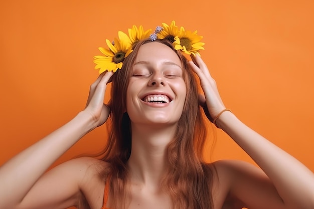 A young woman in a yellow dress with a flower crown on her head