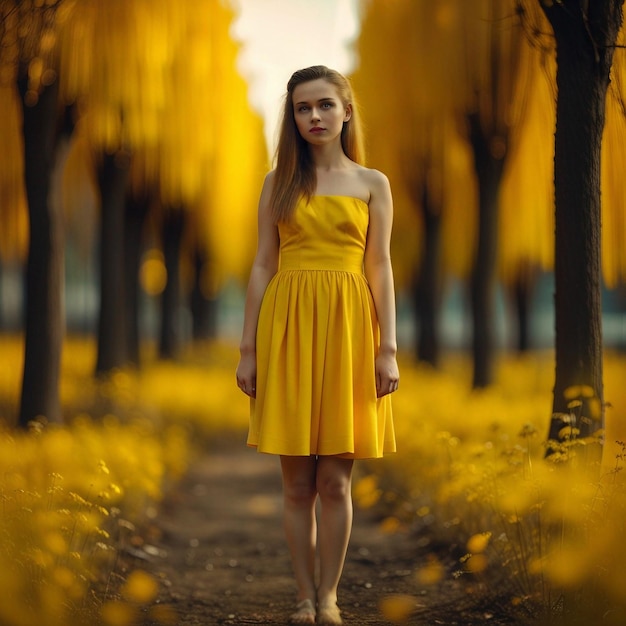 A young woman in yellow garden ware yellow dress