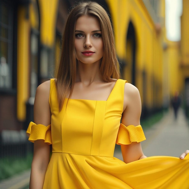 A young woman in yellow garden ware yellow dress