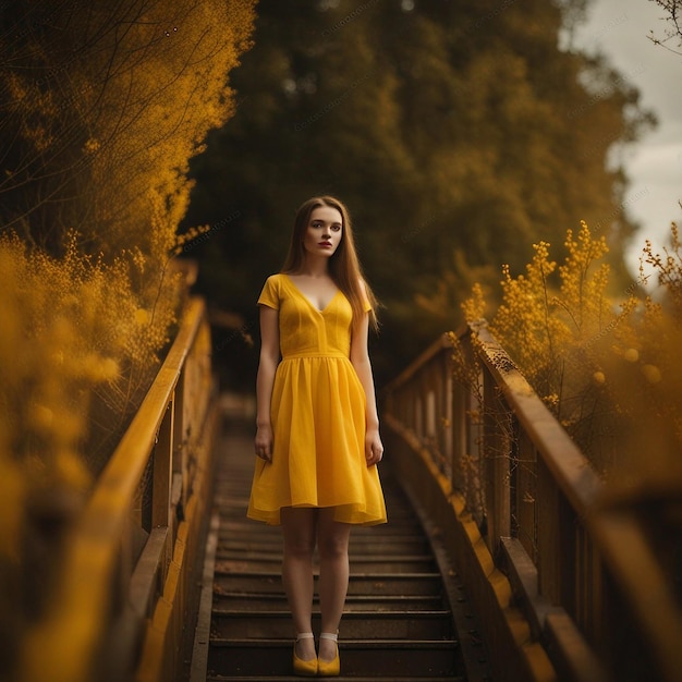 노란색 정원 도자기 노란색 드레스를 입은 젊은 여성