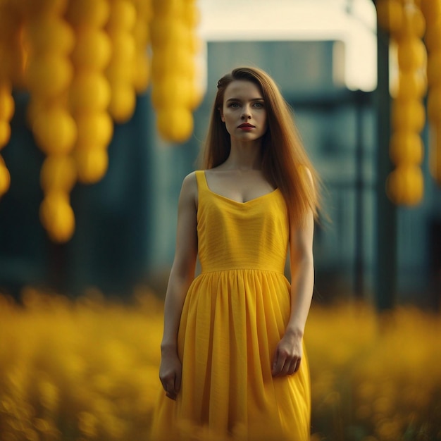 A young woman in yellow garden ware yellow dress