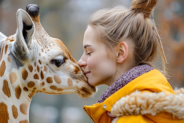 Photo young woman in yellow jacket affectionately interacting with a giraffe at a wildlife park
