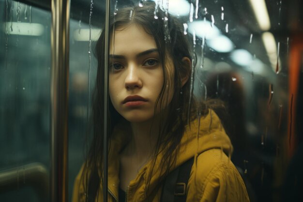 a young woman in a yellow jacket looking out the window of a subway car