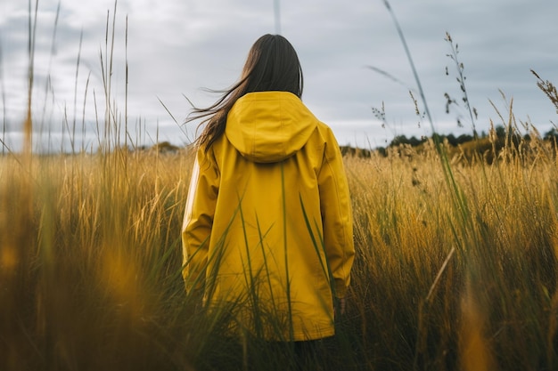 Молодая женщина в желтом плаще стоит в высокой траве и смотрит в сторону