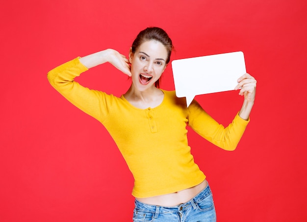 Young woman in yellow shirt holding a rectangle info board