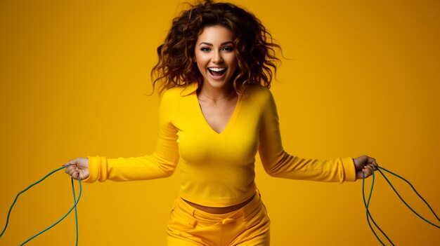 Photo young woman in yellow suit jumping in yellow studio