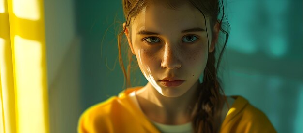 Young woman in a yellow top looking thoughtful modern cinematic portrait ideal for contemporary visual projects AI