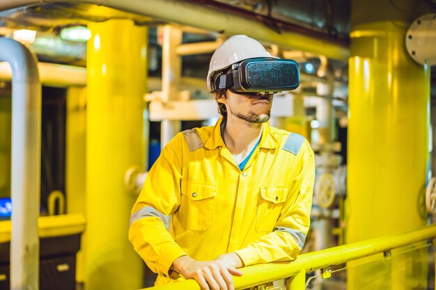 Молодая женщина в желтой рабочей форме, очках и шлеме использует очки виртуальной реальности в промышленности