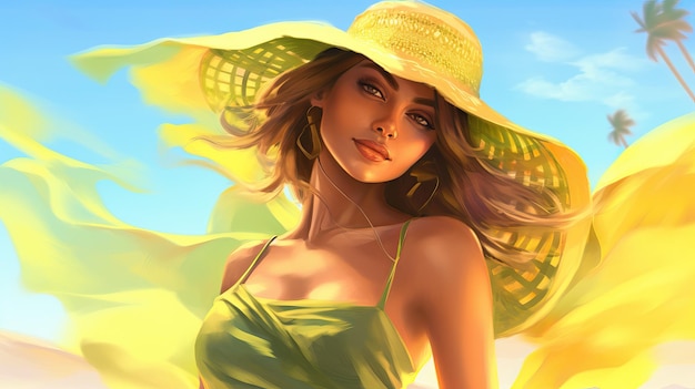 Young woman in yellowgreen sundress on tropical beach Created using generative AI tools