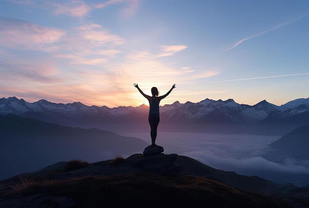 young woman in yoga pose at dusk mountain in the style of light indigo and dark amber