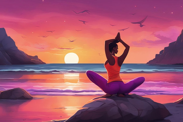 young woman in yoga pose at sunset beach with beautiful view vector illustration cartoon character