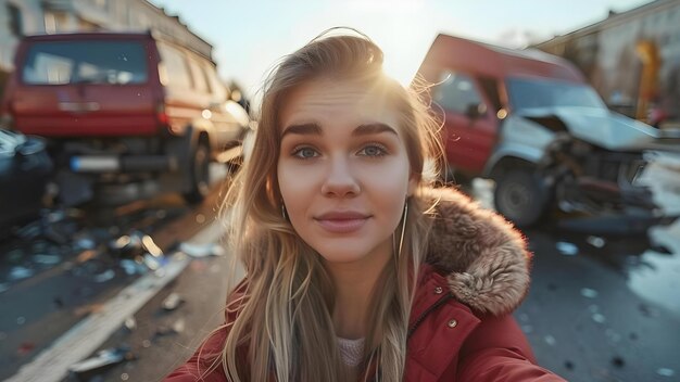 Photo young woman39s social media addiction apparent as she pauses to take a selfie at an accident concept social media addiction selfie culture technology overuse generation z behavior ethical dilemma