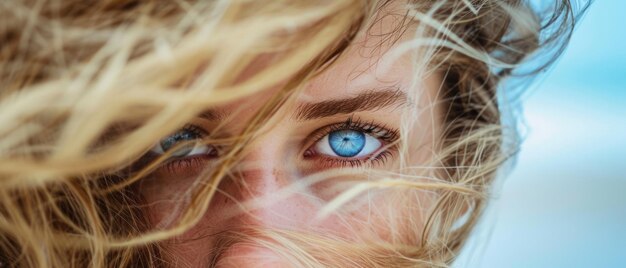 Photo a young womans piercing blue eyes gaze through windswept hair a moment of wild beauty captured