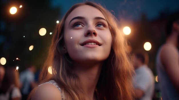 Young womans smile lights up the electric blue sky at the fun midnight event