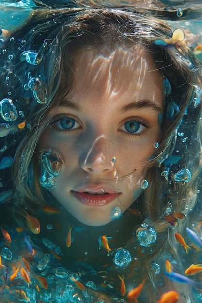 Young womans underwater gaze amongst bubbles and fish