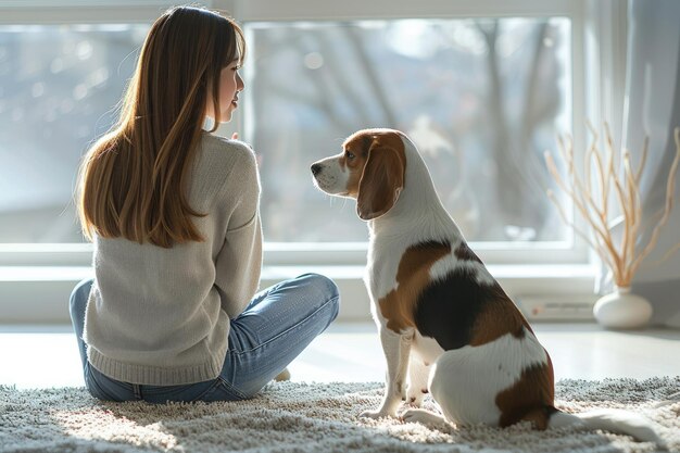 写真 若い女性と家にいる犬