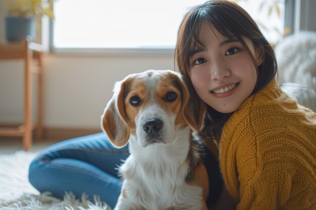 写真 若い女性と家にいる犬