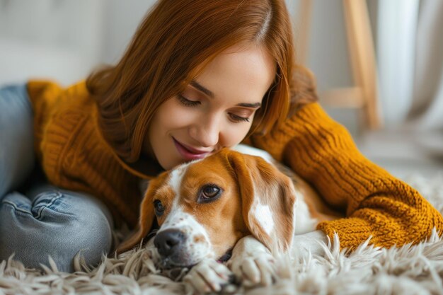 写真 若い女性と家にいる犬