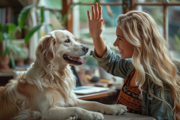 写真 若い女性と犬