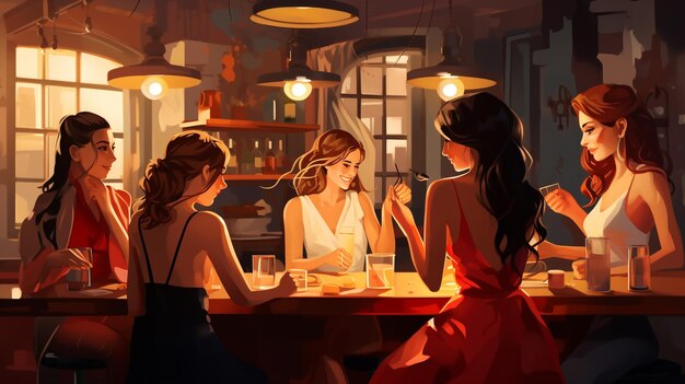 Young women in bar pub flat illustration