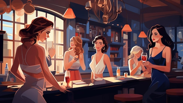 Young women in bar pub flat illustration