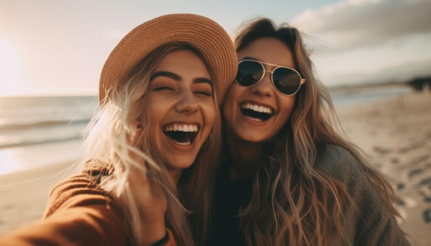 Young women on the beach taking selfie and laughing