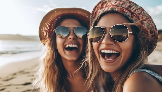 Young women on the beach taking selfie and laughing