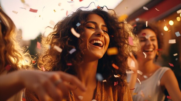 Foto giovani donne che soffiano confetti dalle mani amici che festeggiano all'aperto una terrazza generativa ai