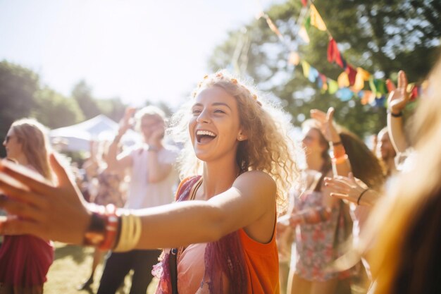 写真 夏の音楽フェスティバルで群衆の中で踊る若い女性