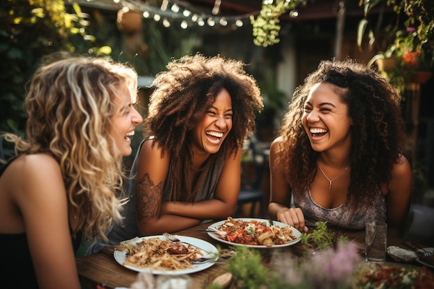 Young women dining and having fun eating together at restaurant