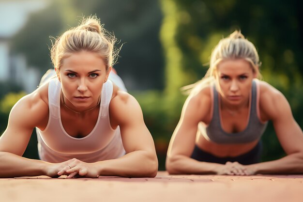 Young women doing fitness outdoors together