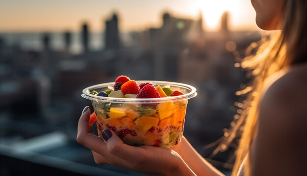 Foto giovani donne che si godono una sana merenda di frutta all'aperto generata dall'ia