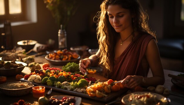 Photo young women enjoying a healthy meal smiling in domestic kitchen generated by ai