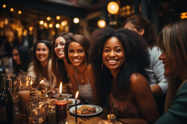 Young women in evening dresses celebrate a birthday in a restaurant pub