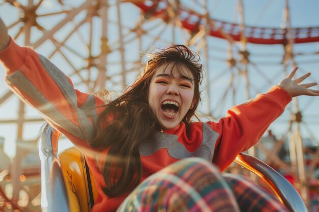 Photo young women excited on a roller coaster in a theme park