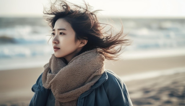 Young women feel the cold wind on the beach