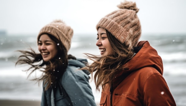 Young women feel the cold wind on the beach