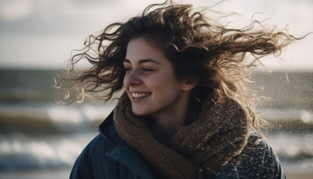 Young women feel the cold wind on the beach