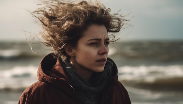 Young women feel the cold wind on the beach