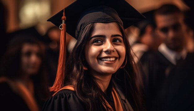 Young women in graduation gowns celebrate success generated by AI