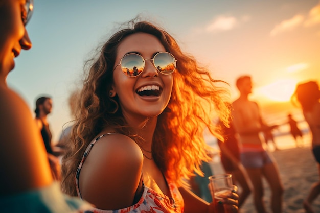 Young women happily having fun at the beach during sunset on vacation