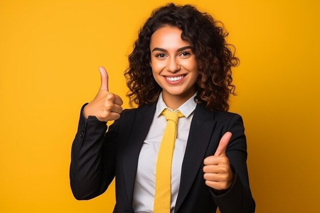 Young women happily keeping thumbs up on isolated yellow background copy space