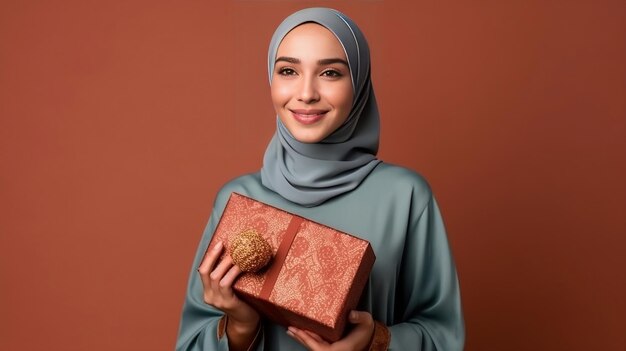 A young women in Hijab holding a gift box in her hands