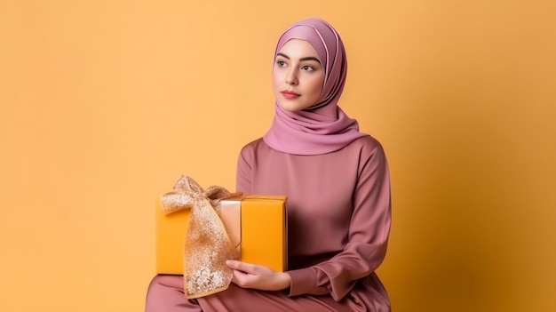 A young women in Hijab holding a gift box in her hands