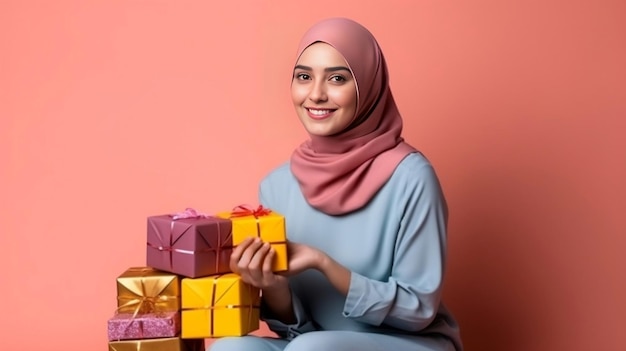 A young women in Hijab holding a gift box in her hands