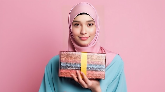 A young women in Hijab holding a gift box in her hands