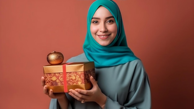 A young women in Hijab holding a gift box in her hands