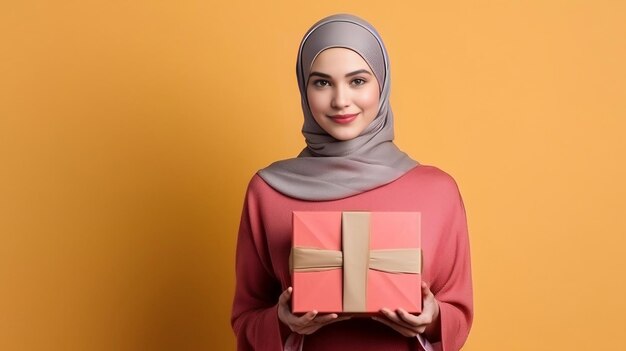 A young women in Hijab holding a gift box in her hands